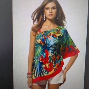 Cache Tropical print one shoulder top, size S